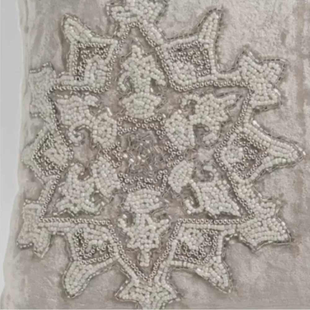 Magaschoni Velvet Beaded Snowflakes Accent Pillow Champagne Christmas Holidays